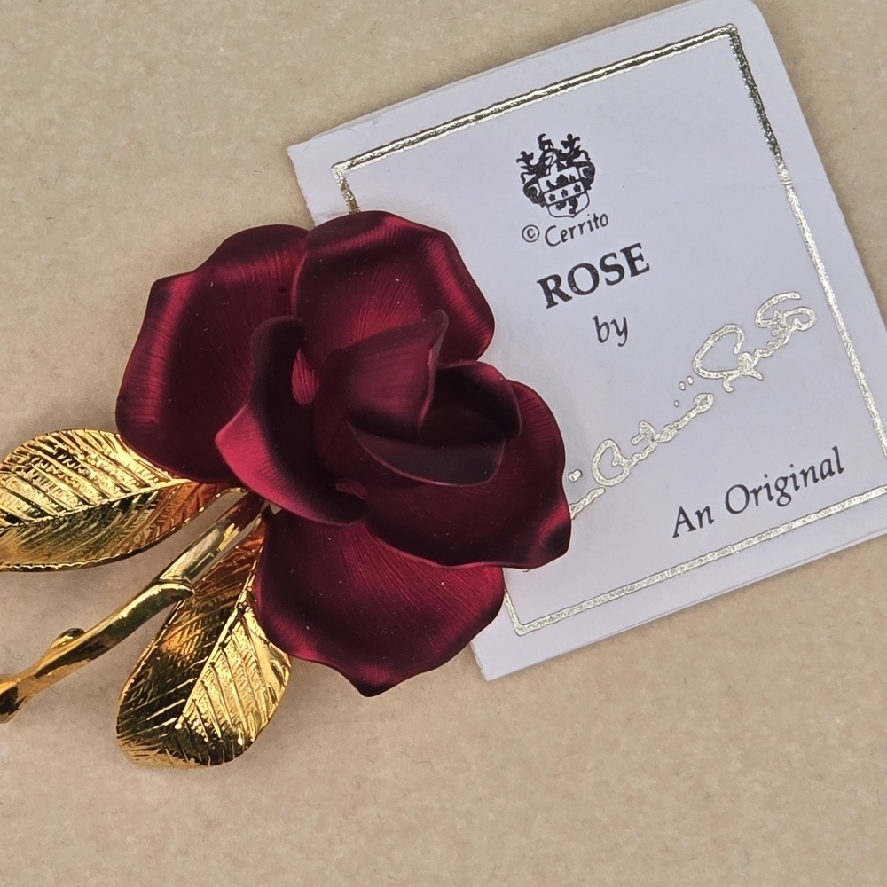 Vintage Rose Brooch Pin Gold-Tone Red Stamped Cerrito.